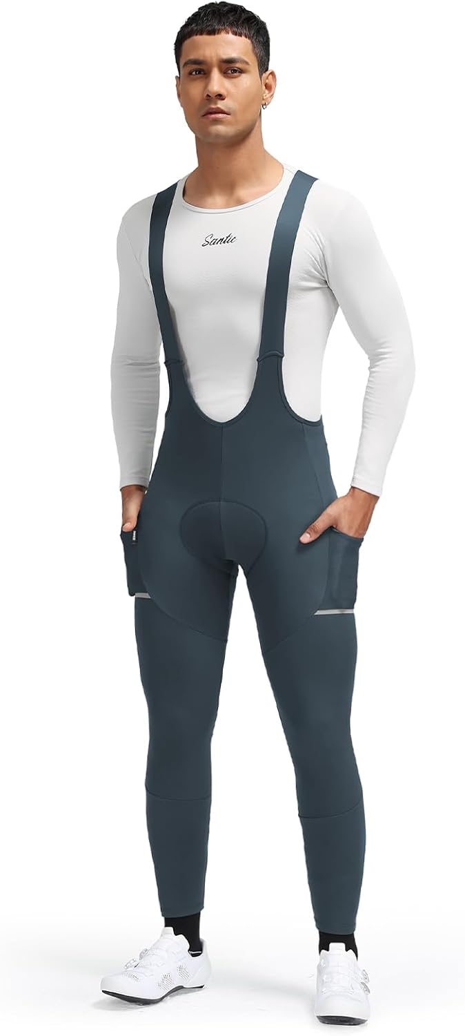 Santic Men's Winter Fleece Pro Cycling Bib Pants 4D Padded Thermal Cold Weather Bike Riding Pants with Pockets