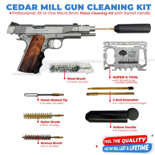 Cedar Mill Fine Firearms Micro 9mm Cleaning Kit - Gun Cleaning Accessories & Supplies - Firearm Kit with 2 Rods, 3 Clean Brushes and X-Tool