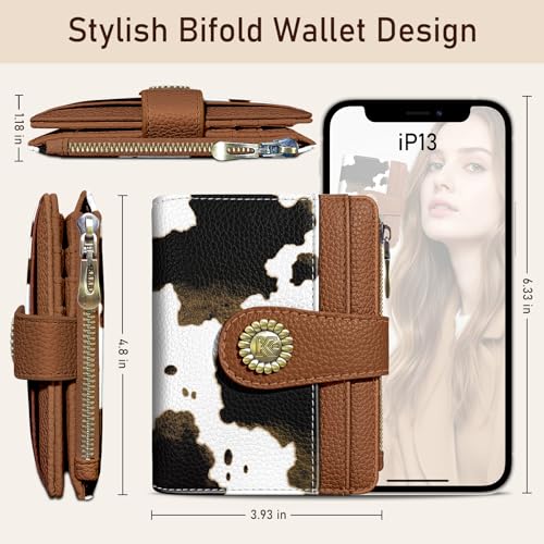 Image of Kelvoris Cow Print Brown Small Rfid Women Wallet Bifold Zipper Coin Pocket | PU Leather Compact Cash Credit Card Holder Travel Purse for Female Ladies Teen Girls 1 ID Window 10 Card Slots