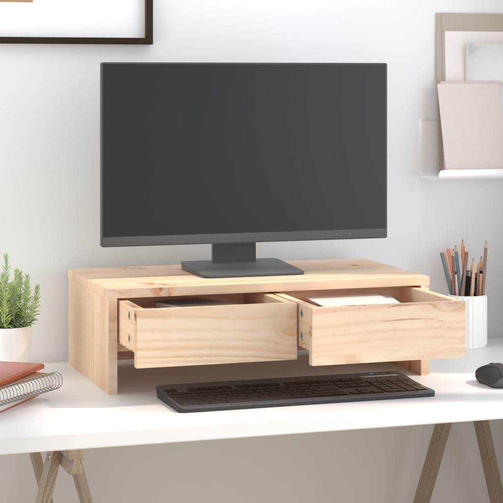 Mangloder - Supporto per monitor in legno di pino massiccio, 50 x 27 x 15 cm, per lavoro ergonomico in casa e ufficio, con spazio di archiviazione e gestione dei cavi, adatto come scrivania per