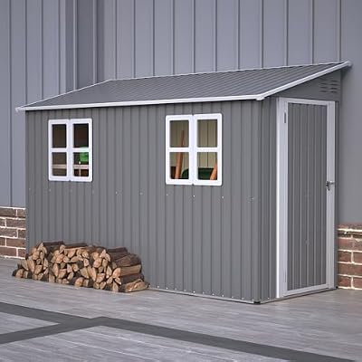 4x10 Ft Outdoor Metal Shed, Heavy-Duty Storage Shed with Floor Kit for Tools and Bikes, Lean to Shed with Left/Right Door and 2 Windows