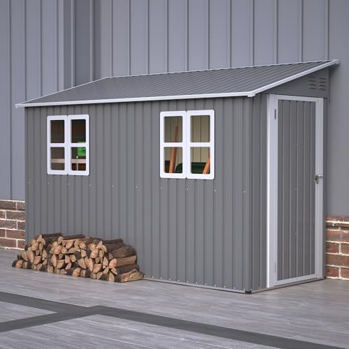 Abri de Jardin Métal 4x10 Pieds (1.2x3 m) - Abri Adossé avec Installation Réversible Gauche/Droite, Sécurité Porte Verrouillable, 2 Fenêtres, Résistant...