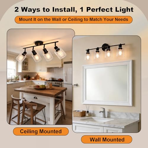 HiBay 4-Light Black Track Lighting Fixture, Ceiling Wall Mount Rotatable Spotlight with Glass Shades, Modern Farmhouse Industrial Track Lights for Kitchen, Dining Room, Bathroom, E26 Base