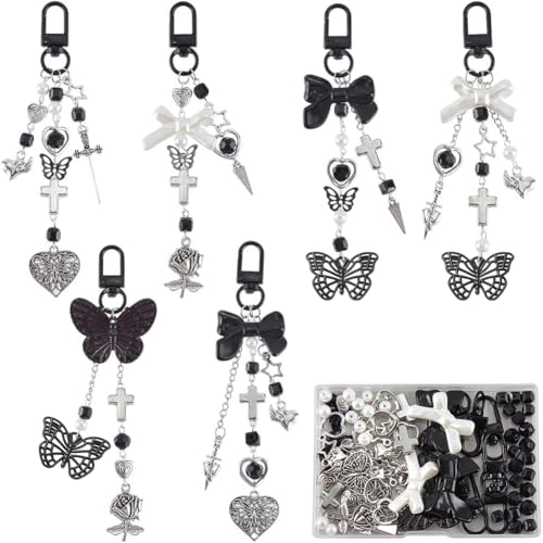 SUNNYCLUE 1 Box 160Pcs Keychain Making Kits Gothic Key Chains Black Butterfly Beads Heart Charm Halloween Gothic Charms Acrylic Glass Spacer Beads for Keychains Making Women Adults DIY Crafts Supplies