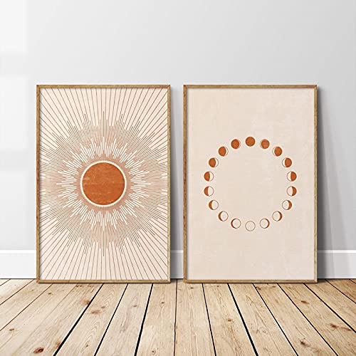 Poster Lune Soleil Boho : Lot de 2 Toiles Terracotta Mid Century pour Salon (70x100 cm)