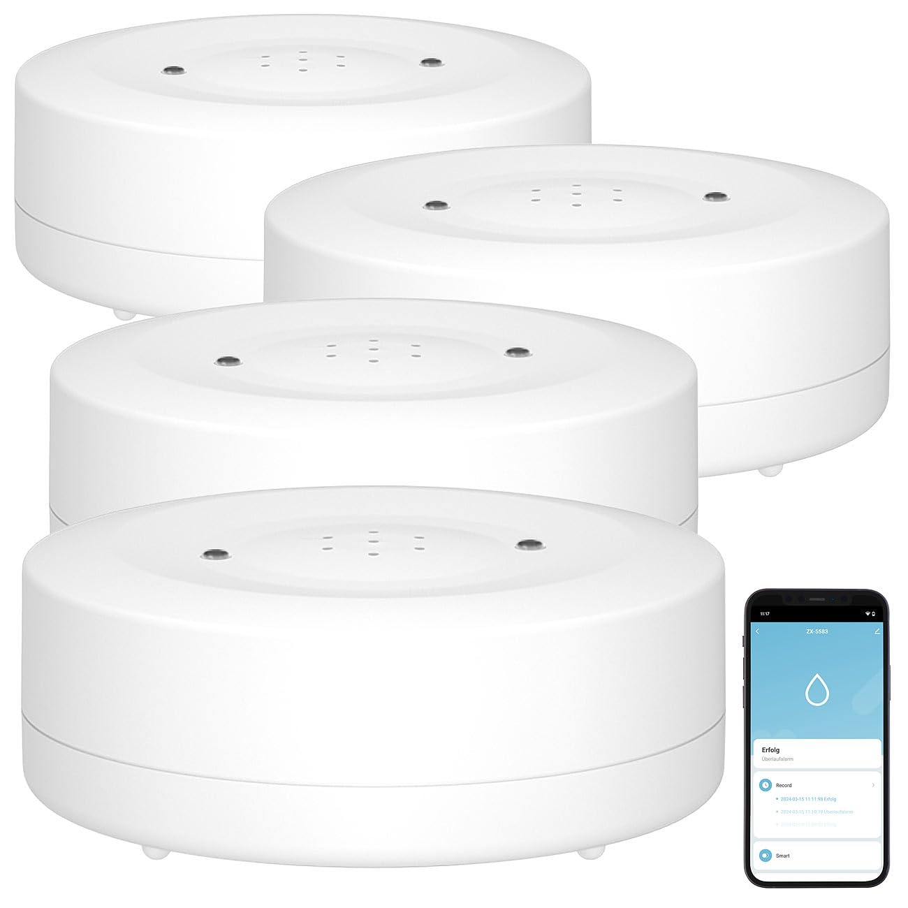 Luminea Home Control sensore livello dell'acqua: Rilevatore di acqua WLAN, Suono di allarme a 80 dB, Wi-Fi (rilevatore acqua smart, d'acqua da pavimento Wi-Fi, ipad)