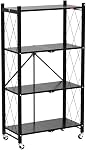 DEANIC 4-Shelf Foldable Storage Shelves with Wheels,No Assembly Bookshelf, Metal Shelving Units Storage for Garage,Kitchen,Living Room,Basement,Pantry,Entryway,Laundry Closet,Black