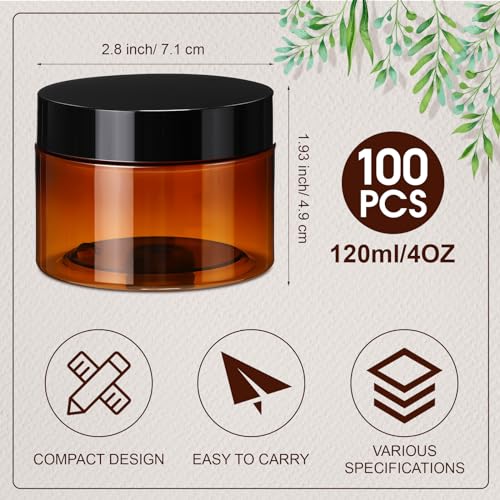 Image of Tanlade 100 Pcs 4 oz Amber Plastic Cosmetic Jars with Lids | Empty Leak Proof Container, Refillable Cosmetic Jars Airtight for Cream, Lotion, Powder, Ointment, Travel Storage