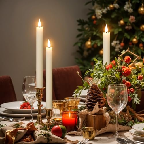 Image of GenSwin Rechargeable Flameless Taper Candles with Charging Base, 6 Pack LED Candles Battery Operated with Remote Timer, Real Wax Flameless Candlesticks for Halloween Christmas Decorations(Ivory)