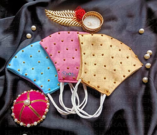 Image of ᵀᴹ : WEDDING SPECIAL Cloth Face Mask - Washable Light Weight Satin - Cotton Masks MULTI COMBO (PACK OF 3 - SKYBLUE-PINK-GOLDEN)