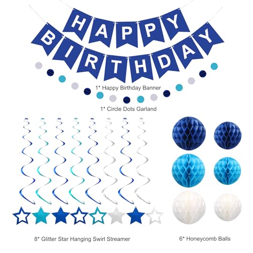 Image of Birthday Decorations Happy Birthday Banner with Honeycomb Balls | 16pcs Birthday Set: 1 Banner+6 Honeycomb Balls+8 Star Spirals+1 Circle Dots, Happy Birthday Decor - Blue