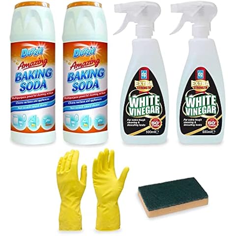 White Vinegar Soda Set - Bundled with Duzzit Amazing Baking soda for cleaning | Extra Strong White Vinegar Spray for Cleaning | Multi-Purpose Household Tough Stain Remover | Sponge and Glove Cover