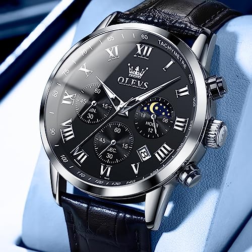 Image of OLEVS Men's Leather Analog Quartz Watch - Luxury Chronograph Wristwatch with Date, Waterproof, Luminous - Dress Style
