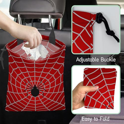 Image of Spider Web Car Trash Bag,Cobweb Trap Hanging Drawstring Car Garbage Bag,Waterproof Canvas Car Back Seat Organizer with Adjustable Buckle,for Vehicles,SUVs,Camping,Road Trips