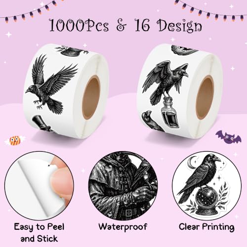 Image of Halloween Raven Bird Sticker for Laptop Water Bottle Scrapbook | 2 Rolls Gothic Vinyl Decals Waterproof Vinyl Strong Adhesion No Residue for Halloween Party Decor Scrapbook Journals