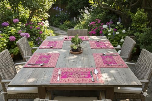 Image of Brocade Silk Placemats for Dinning Table 12 x 18 Inches Hand Embroidered, Set of 6 Decorative Placemats for Home (Pink)