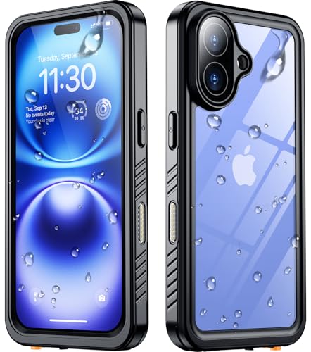 SPIDERCASE for iPhone 16 Case with Lanyard 12FT Military Heavy Duty Rugged IP68 Underwater Full Body Sealed Protection Phone Case 6.1 [Built-in Camera & Screen Protector] Black/Clear