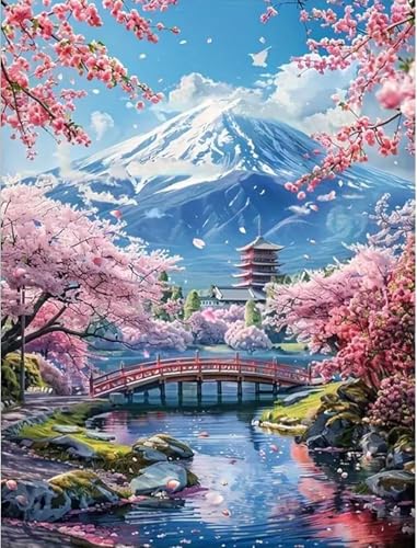 Mount Fuji 5D Diamond Painting Kits Landscape Diamond Art Kits for Adults Beginner DIY Diamond Painting Adult Crafts Kits for Beginner Gift and Home Wall Decor 12x16 Inch Sakura