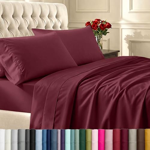 California Design Den Full Size Bed Sheets Set - Soft 400 Thread Count Sateen, Natural 100% Cotton Sheets with Deep Pockets, Breathable, and Durable Bedding Set - Burgundy Red