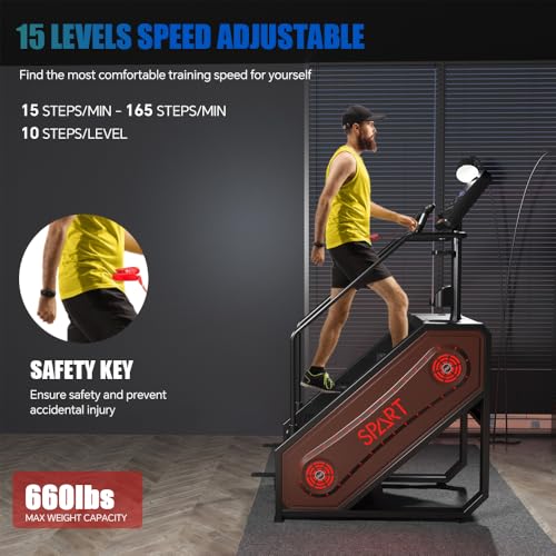 SPART Stair Stepper Machine, Commercial Stair Climber with LED Screen, Stair Exercise Machine with 15 Speed Levels, Speaker, Fan Cooling, Wireless Charge and Safety Key for More Fun in Home Gym, Brown