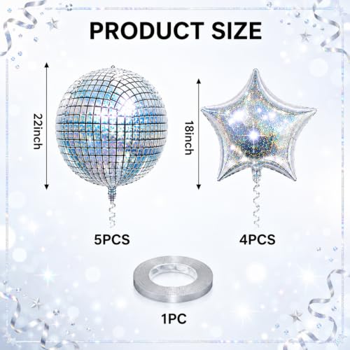 Image of 9 Pcs Disco Ball Balloons and Star Balloons 22 /18 4D Ball Balloons Laser Metallic Silver Disco Star Mylar Balloon for Birthday Bachelorette 70s 80s 90s Themed Grad Retro Prom Party Decor