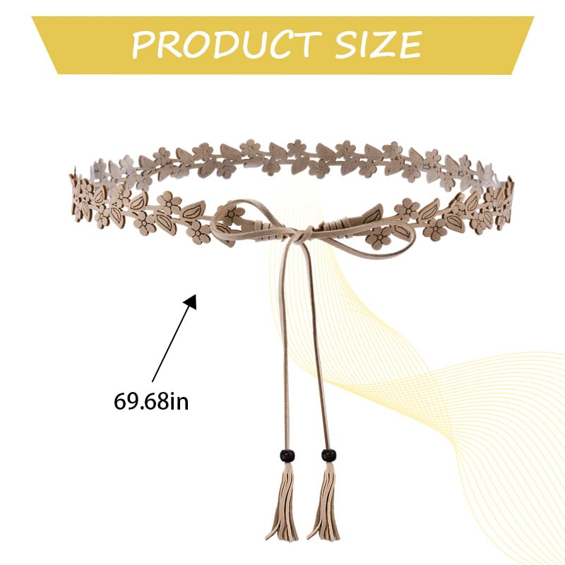 Tassel Floral Thin Waist Belt With Wood Beaded Hollowed Out Flower Suede Leather Belt for Dresses Skirts Jeans Bohemian Beaded Fringe Tie Belt for Women Ladies3