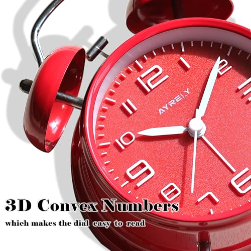 Image of AYRELY Super Loud Alarm Clock for Heavy Sleepers Adults,Twin Bell Retro 4 Inch Silent Non-Ticking Quartz with Backlight, Metal dial, Alarm Clocks for Bedrooms Bedside(3D Dial - Red)