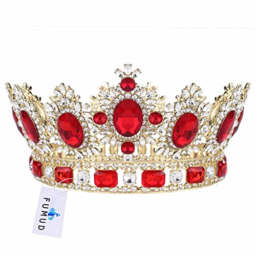 FUMUD Big Retro Red Crystal Rhinestone Gold Wedding Bridal Hair Accessories Tiara Crown Queen Crown Pageant Prom Headband 3.9'' (Red)