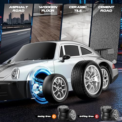 Image of RC Drift Car 1:24 Scale, 4WD Remote Control Car with LED Lights 20KM /H High Speed, Dual-Mode Racing & Drifting Toy Car with 2 Batteries, Gift for Kids & Adults, Silver