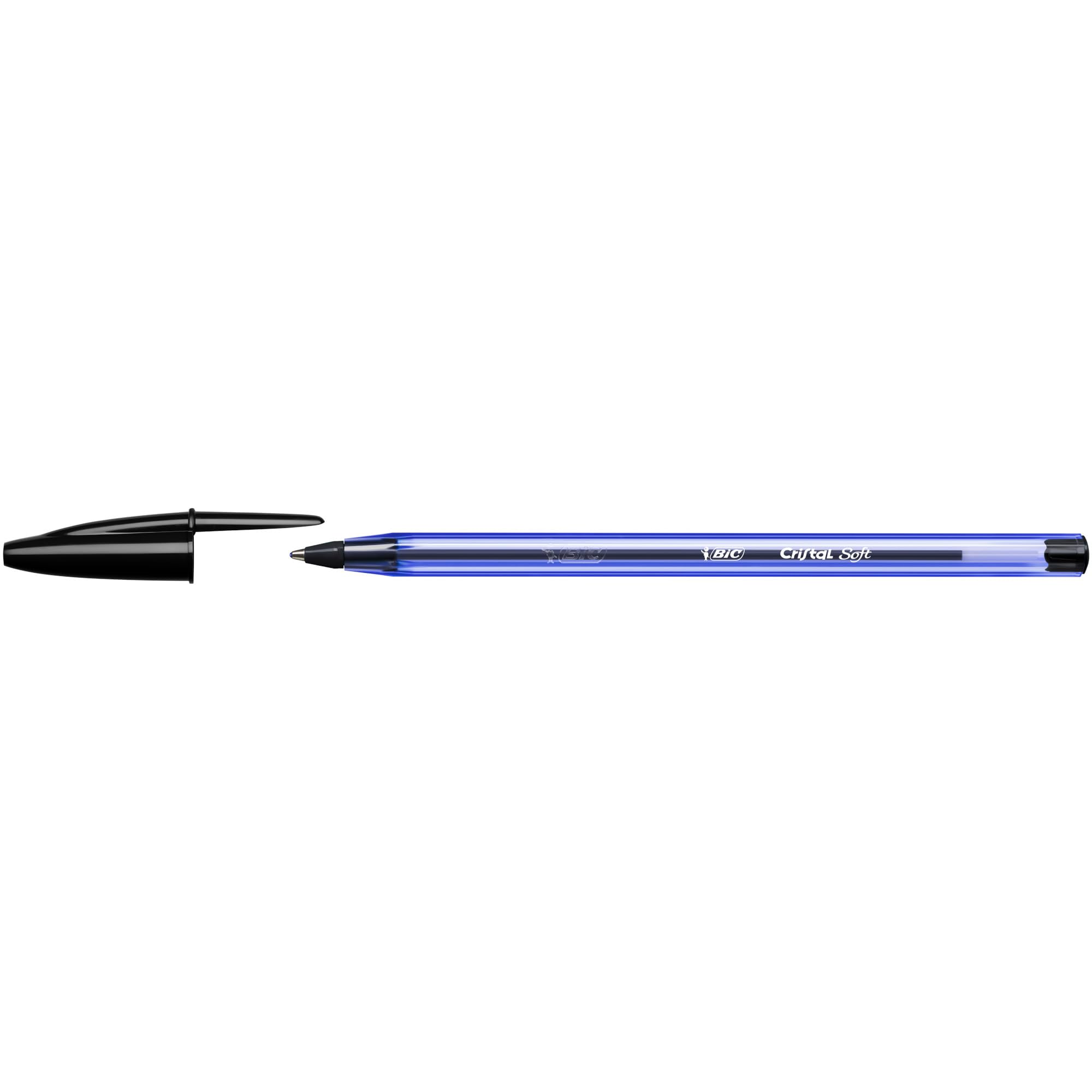 BIC Cristal Soft Tükenmez Kalem, Siyah, 50'li Kutu, 1.2 mm Orta Kalınlıkta Uç, Şeffaf Gövde, Delikli Kapak