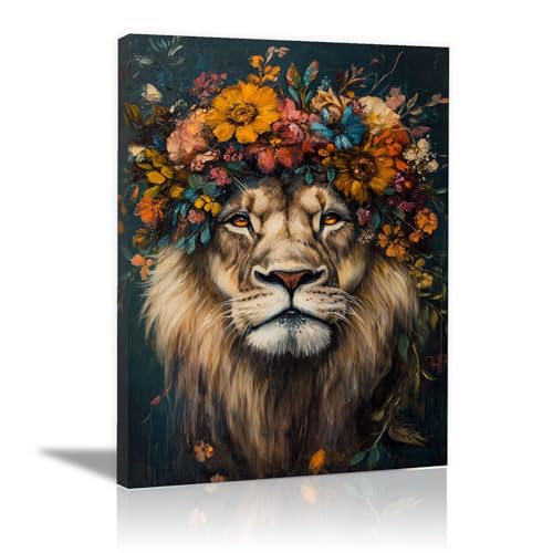 Tableau lion abstrait multicolore avec fleurs 40x60cm encadré