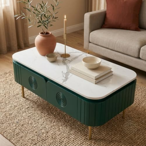Image of Solid Wood Mandala Center Table with Sintered Stone Top for Living Room |Premium Acrylic Emerald Green | 115 cm (W) x 60 cm (D) x 45 cm (H)
