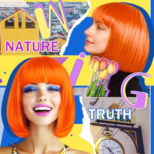 Image of LIULIUBTY Short Bob Hair Wigs Straight with Flat Bangs Synthetic Colorful Cosplay Daily Party Neon Wig for Women + Free Wig Cap 12 inch Natural As Real (Bob, Orange)
