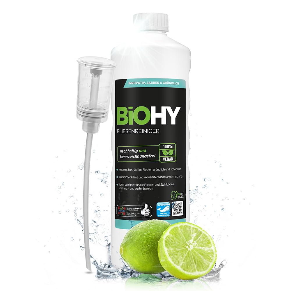 BiOHY Fliesenreiniger (1l Flasche) + Dosierer | Bio Reiniger für Wand- & Bodenfliesen aller Art | Intensiver Kalkentferner | Streifenfreie Reinigung für Wohnzimmer, Küche & Bad | Innen & Außenbereich