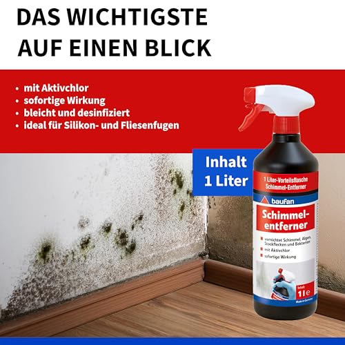 Baufan Schimmelspray 1 Liter | mit Aktivchlor | sofortige Wirkung | ideal für Silikon- und Fliesenfugen | vorsichtig Biozidprodukt