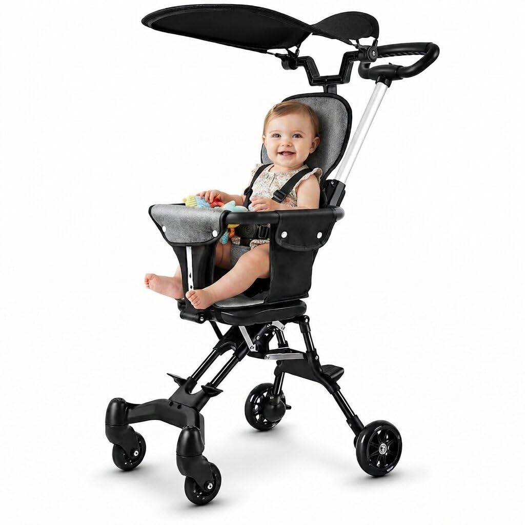 Two-Way Push Compact Stroller, 4-Wheel Anti-Rollover Baby Buggy with Adjustable Canopy, Easy Folding Lightweight Toddler Stroller for Airplane Travel, Shopping, Walking (Black)-image-2