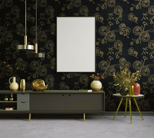Image of KBR Luxury Black & Gold Floral Rose Wallpaper (45 x 300 cm) - Elegant Waterproof Peel & Stick Self-Adhesive with Modern Golden Line Art Flower Design Roll for Living Room, Bedroom & Office Decor