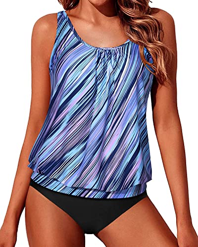 Image of Yonique Women Vintage Chevron 2 Piece Ruched Padded Tankini Set Flyaway Top With Triangle Brief Bottom Bathing Suit
