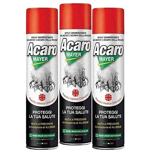 3 x Spray Antiacaro Disinfettante Per Materassi Tessuti Divano Cuscini ACAROMAYER 400 Insetticida Acaricida Della Polvere Anallergico Atossico