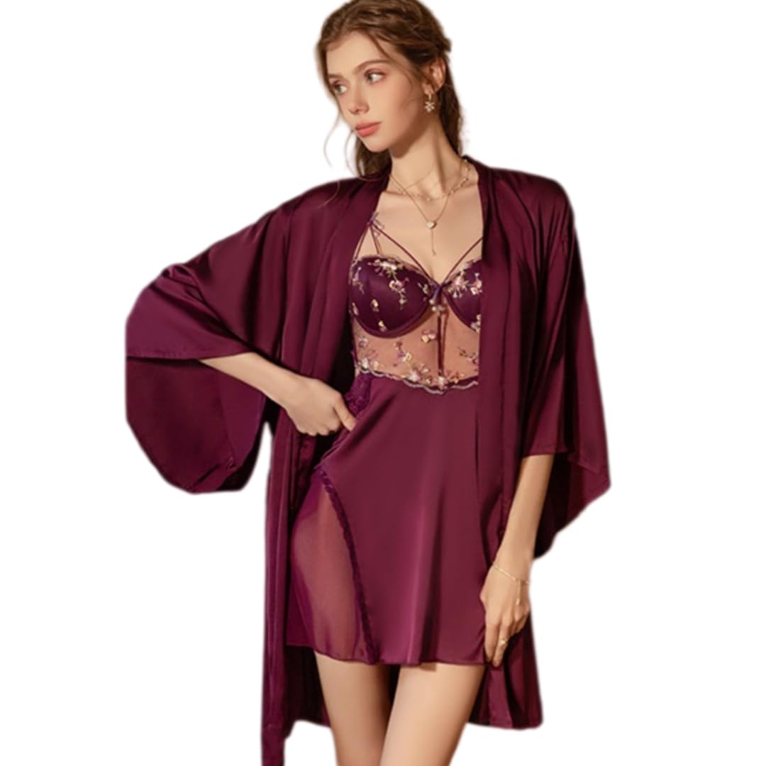 Vestaglia Sposa Completo da Notte/Vestaglia in Raso, Rete Trasparente Ricamata, Push-Up Senza Schienale
