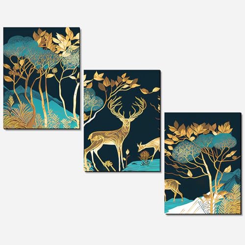 Kotart Green and Golden Deer Paintings Wall Art MDF Panel Painting for Wall Decoration - Wall Paintings for Living Room, Bedroom (9 x 12 inch, Panel) Set of 3