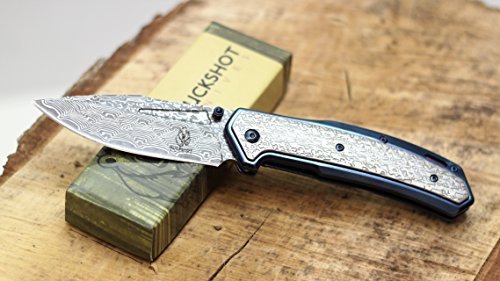 Buckshot Knives Thumb Open Spring Assisted Stainless Steel Titanium Handle with 3D Etched Inlay, Etched Damascus Wave Blade Pocket Knife (PBK215BL)