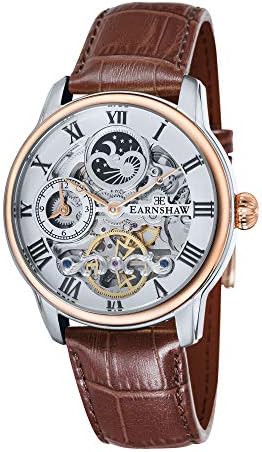 Thomas Earnshaw Mens 44mm Longitude Dual Time Automatic Skeleton Watch with 12 Hour Dual Time, Sun & Moon Display and Decorated Rotor
