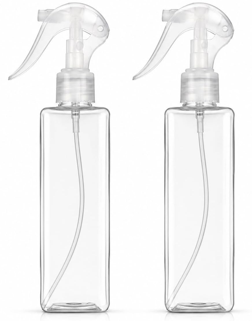 mek n mart trigger spray bottle 200ml pack of 2, refillable fine mist transparent bpa-free plastic bottles, leak proof empty spray bottle for perfume, toner, facial mist, hair & cleaning