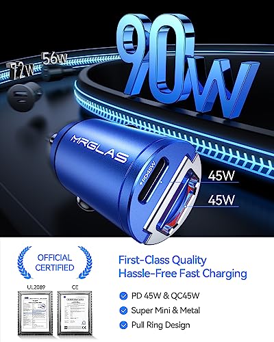 Image of MRGLAS 90W USB C Car Charger Fast Charge, PD45W & QC45W, Flush Fit, Extra 3.3ft Type C Cable, All Metal, Cigarette Lighter USB Charger for iPhone 16 15 Samsung S25 S24 S23 Ultra Pixel 8 /8Pro /7-Blue
