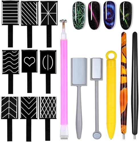 15Pcs Cat Eye Magnetic Nail Polish Kit,Nail Magnets Cateye for Nails Art, Double-Head Nail Magnetic Cat Eye Gel Nail Polish Magnet Wand Strong Suction Board Nail Manicure Tool Set for Nail DIY Salons.