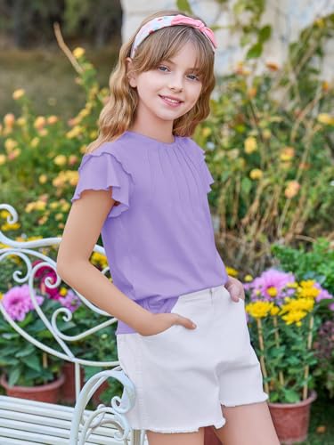 Image of Haloumoning Girls Pleated Ruffle Short Sleeve Shirts Kids Summer Crewneck T-Shirts Fashion Tops Tees 5-14 Years