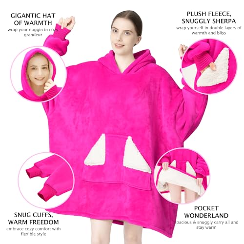 Touchat Wearable Blanket Hoodie, Oversized Sherpa Fleece Sweatshirt Blanket with Giant Hood Pocket and Sleeves for Adult, Warm & Cozy Blanket Gifts for Women (Neon Pink)