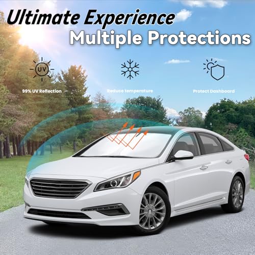 Image of Car Front Windshield Sun Shade for Sonata 2014-2019, Car Window SunShades Shield Cover Sun Visor Protector with 240T Reflective Fabric UV & Sun Heat Protection Accessories