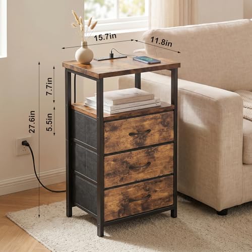 Image of Fixwal Night Stand with 3 Fabric Drawers, Nightstand for Bedroom, Bedside Table with Charging Station End Table with Storage, Rustic Brown